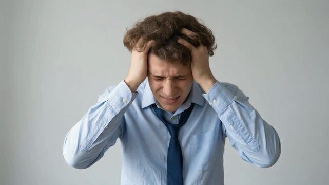 Stressed businessman holding head in pain, expressing frustration and anxiety in modern office environment