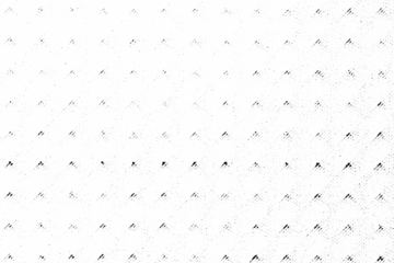 Macro halftone of sparse diagonal speckled dots forming light grainy noise, black printed pattern isolated on transparent background.