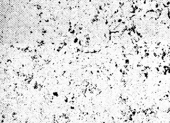 Macro photo of black halftone dots with gritty concrete-like speckles and stains, forming a distressed noise pattern. Isolated on transparent background with PNG alpha.