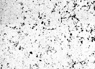 Macro photo of black halftone dots with gritty concrete-like speckles and stains, forming a distressed noise pattern. Isolated on transparent background with PNG alpha.