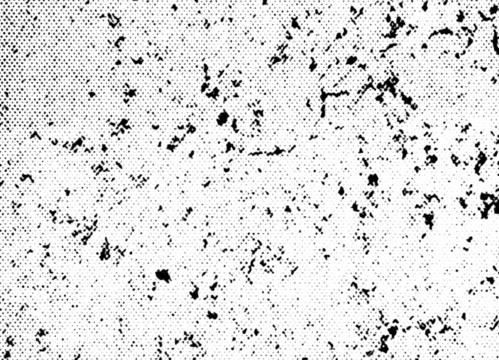 Macro photo of black halftone dots with gritty concrete-like speckles and stains, forming a distressed noise pattern. Isolated on transparent background with PNG alpha. - Powered by Adobe