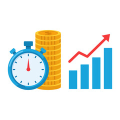 Time is Money Concept with Stopwatch, Coins, and Growing Bar Chart.