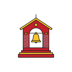 Red brick bell tower with golden bell, simple illustration.