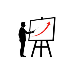 Businessman presenting growth chart on whiteboard, illustrating business success and financial progress.