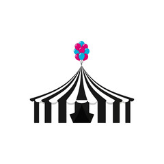 Black and white striped circus tent with colorful balloons on top.