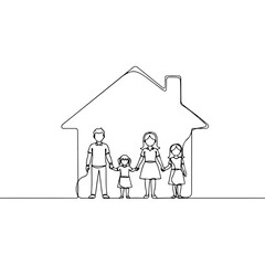 Continuous line drawing of a family standing together inside a house outline.