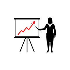 Businesswoman presenting growth chart on a whiteboard.