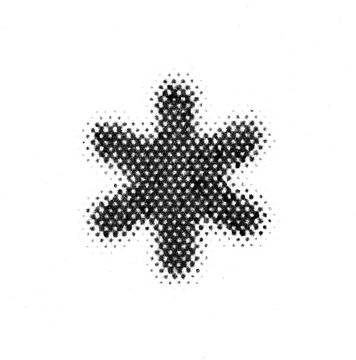 Extreme macro halftone dots forming a starburst snowflake symbol. Black-and-white printed raster texture, isolated PNG cutout with transparent background for overlays, stamps, and designs.