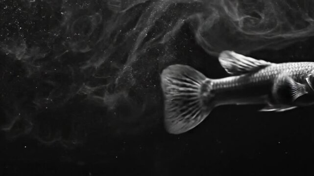 Black and white close up of a small fish swimming in an aquarium with water particles and smoke effects