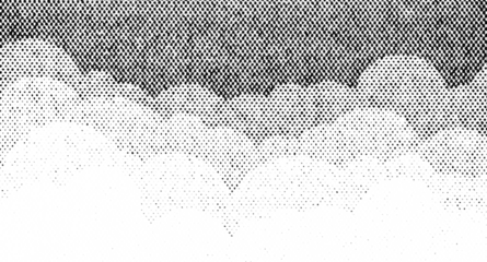 Stylized macro halftone clouds in bold black dot pattern. Rounded layers fade from dark to light on a transparent background, perfect for retro or comic-style design overlays.