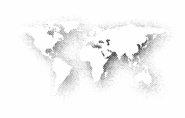 Black-and-white halftone world map made of dotted raster points. Minimal global geography silhouette with vintage print grain, ideal for infographic, news, travel, or tech backgrounds.