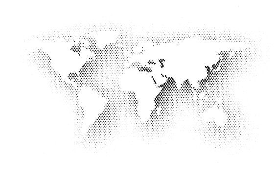 Black-and-white halftone world map made of dotted raster points. Minimal global geography silhouette with vintage print grain, ideal for infographic, news, travel, or tech backgrounds. - Powered by Adobe