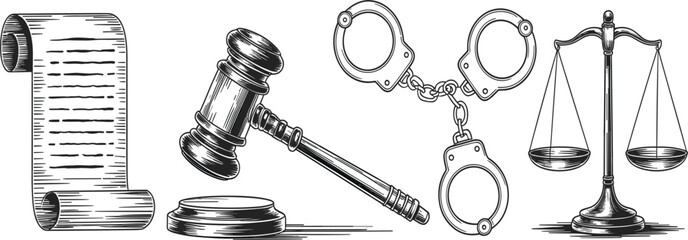 Vintage law and justice symbols collection, judge gavel, handcuffs, scales, and legal scroll vector illustration © Al