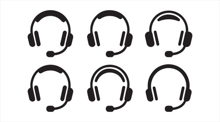 Black Headset and Headphones Icon Collection, Audio Device Silhouettes