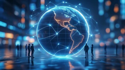 Futuristic digital globe with people in a vibrant urban setting, showcasing global connectivity and technology - Powered by Adobe
