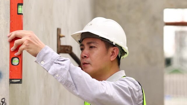 measurement horizontal deviation of construction. Balance Bubble level ruler, Tools equipment building and engineering. Civil engineer Asian man in safety hard hat helmet working at construction site
