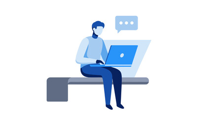 Man Sitting with Laptop on Bench.