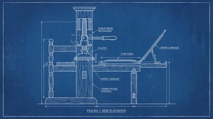 Detailed blueprint of a vintage screw press mechanism