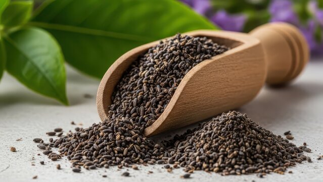 Pile of black cumin seeds in a wooden scoop on a light surface
