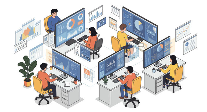 Team of People Working on Computers Together.