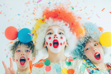 Obraz premium Three kids dressed as clowns celebrating with colorful confetti and excitement