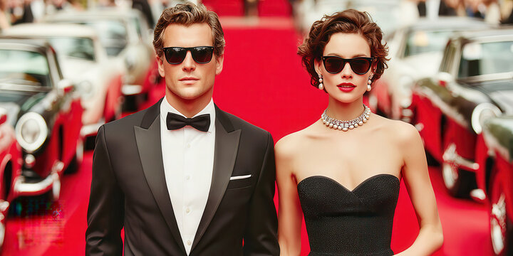 Elegant couple in formal attire walking on red carpet at luxury event