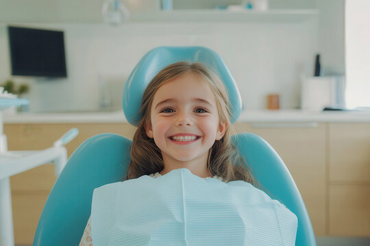Smiling young girl sitting in a dental chair at the dentist office