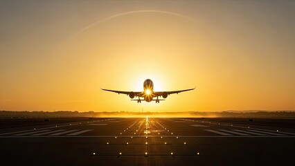 Naklejka premium Commercial passenger airplane taking off into a vibrant golden sunset. Dramatic silhouette of jet aircraft on runway, travel, and aviation concept.