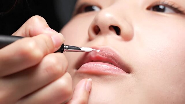 Close-up of a person's lips receiving makeup application with a brush