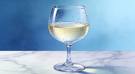 High quality commercial digital art of a chilled glass of white wine with condensation droplets, ele