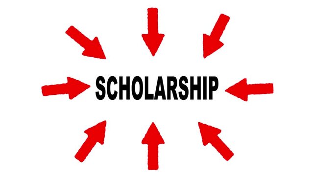Conceptual illustration featuring the word SCHOLARSHIP in black text, surrounded by red arrows pointing inwards from all directions against a white background, emphasizing financial aid & educational