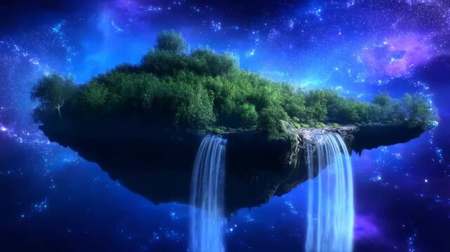 Floating rock island with glowing waterfalls in vibrant cosmic nebula, serene and mystical deep space scene