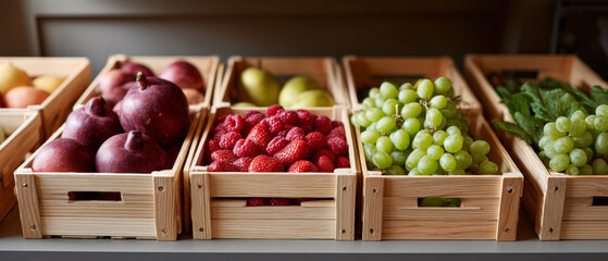 Fresh assorted fruits including red pears, strawberries, green grapes, and apples displayed in wooden crates on a market stall