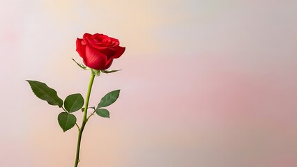 Fototapeta premium Single vibrant red rose with green leaves against soft pastel background gradient