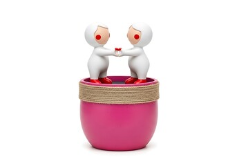 Two Adorable Figurines Forming a Heart Shape Inside a Bright Pink Pot