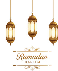 Ramadan Kareem greeting with three hanging golden lanterns vector illustration © Ahmed Sahid