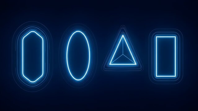Neon glowing geometric shapes collection with oval triangle and rectangle isolated on transparent background