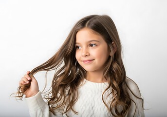 Beautiful Young Girl Smiling and Playfully Holding Her Long Wavy Hair.