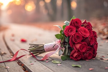 Elegant red rose bouquet with ribbon isolated on white background