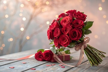 Vibrant red roses bouquet with ribbon and petals isolated on white background