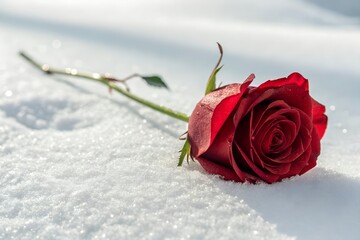 Vibrant red rose resting on snow, isolated on white background