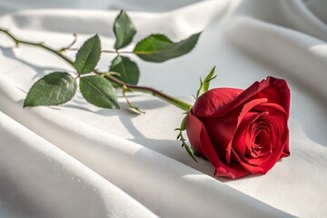 Vibrant red rose with green stem and leaves, isolated on white background