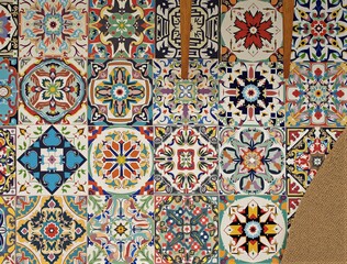 Colorful geometric patterned tiles with diverse designs and intricate motifs