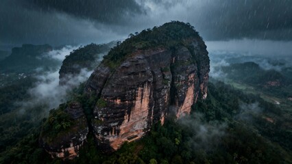 Aerial view of a massive rock formation surrounded by mist and rain in a lush forested landscape