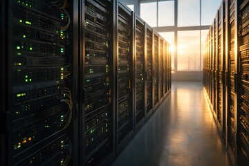 Close view of illuminated server racks in a high-tech data center with warm sunrise light, representing cloud computing, AI workloads, and sustainable infrastructure