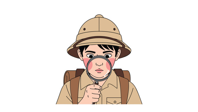Young boy dressed in explorer outfit with pith hat and backpack looks intently through a magnifying glass on white background.