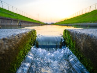 Rainwater harvesting system with flowing water channel at sunset, showcasing sustainable landscape design, ecofriendly infrastructure, clean water management, conservation technology, and natural.