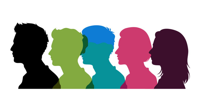 Group young people. Profile silhouette faces boys and girls set, man and woman &ndash; for stock

