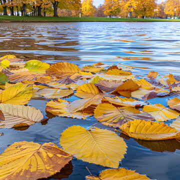 Golden leaves falling in a serene Japanese garden, soft sunlight, cinematic blur in the background.