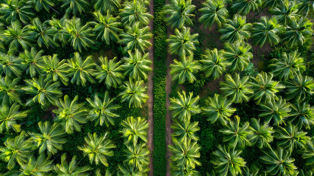Aerial view of coconut plantation in tropical agricultural area